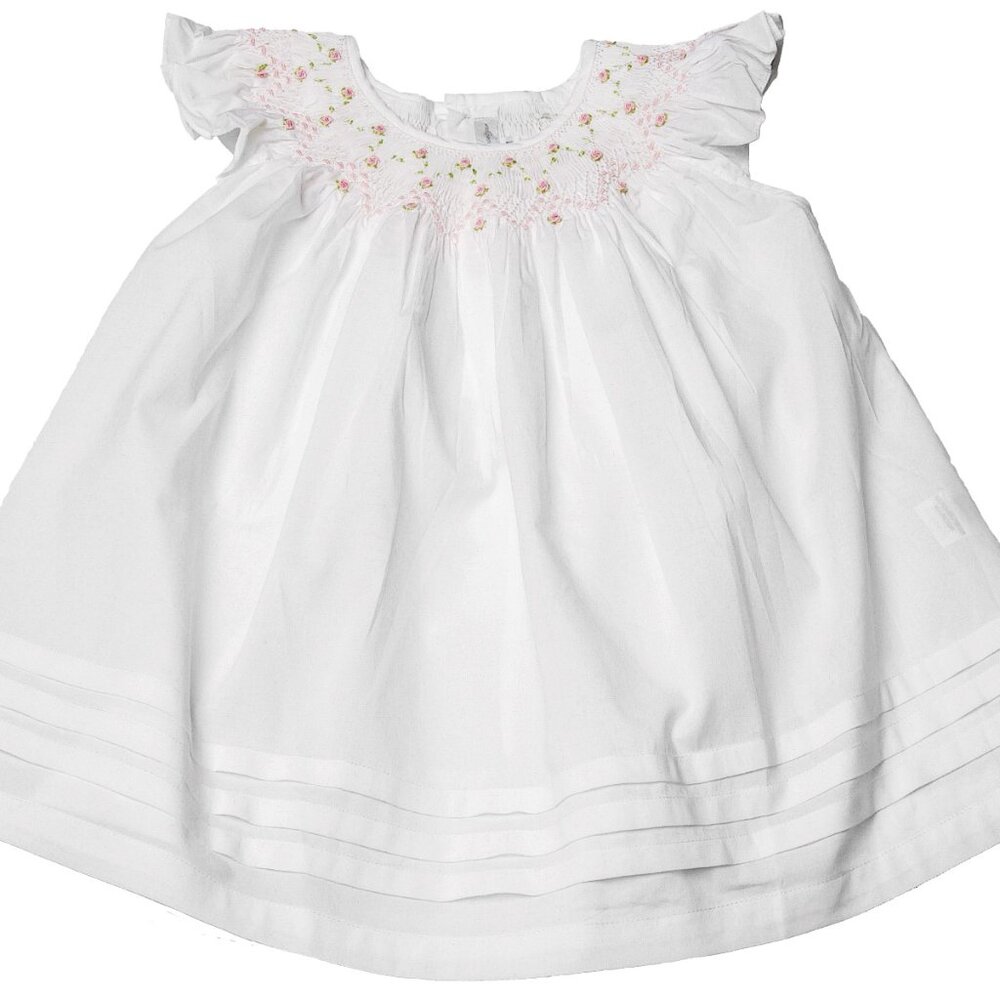 Baby Schweitzer Rosy Garden twirls white pima cotton smocked dress